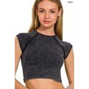 Zenana Crop Top Womens L/XL Black New Acid Wash Seamless Mineral Wash Cap Sleeve